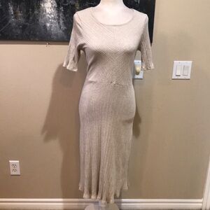 GILLI Tan/Cream Cotton Blend Sweater Dress Scalloped Hem Tie Back/Front-L